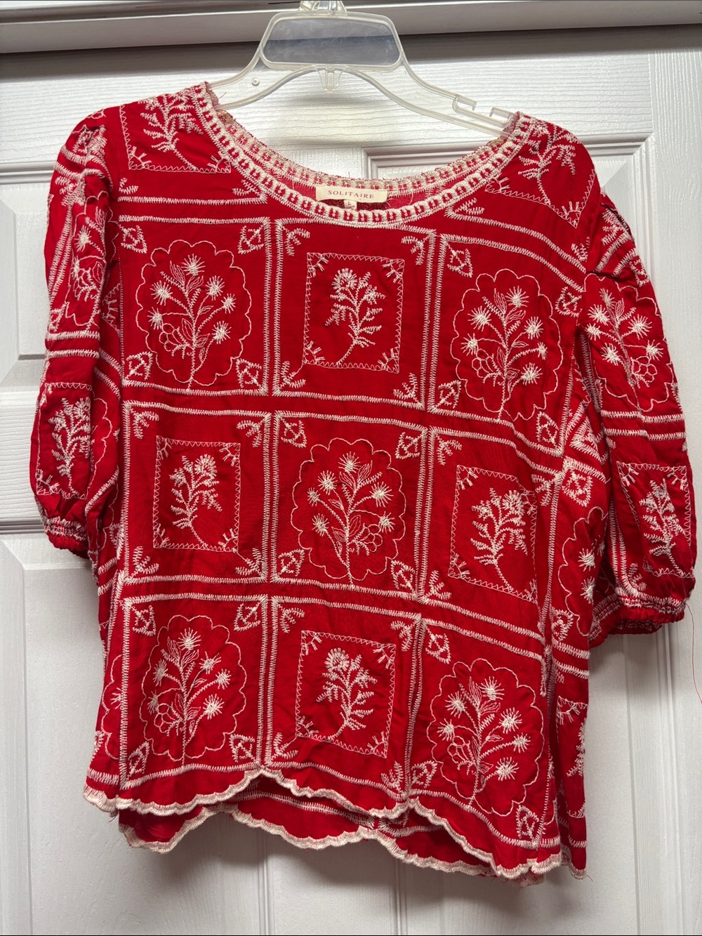 Solitaire Red and Cream Embroidered Floral Panel Top Large